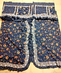 Vintage Sears 2 Gardinen Paneele/2 Volants blau Blumen Spitze 70er Rüschen Cottagecore - Bild 1 von 17