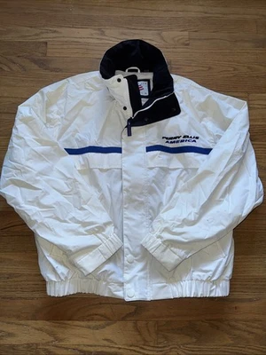 Vtg 90s Retro Perry Ellis Mens L Spell Out America All White Blue Stripe Jacket - Image 1 of 4
