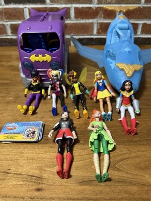 DC Super Hero Girls Lot – 7 Dolls, Batgirl Van, Wonder Woman Jet, 8 Cards  - Image 1 of 4