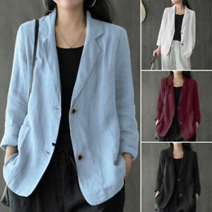 UK 8-24 Womens Long Sleeve Collared Button Cotton Linen Blazer Coats Jackets 