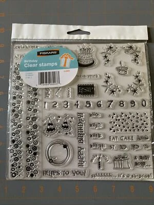 Estampillas de goma acrílica transparente Fiskars feliz cumpleaños celebración Foto 1 de 2