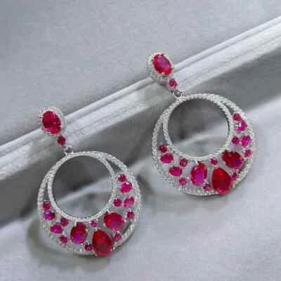3Ct Pear Cut Lab Created Red Ruby Dangle Earrings 14K White Gold Plated Silver - Image 1 of 4