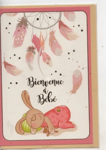 Carte Naissance Bienvenue Bébé plumes lapin rose - Imagen 1 de 2