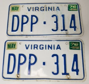 1975 Virginia Blech Nummernschild Set # DPP-314 blau auf weißem Etikett Vintage - Bild 1 von 6