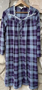 SECRET TREASURES Plush Velour Nightgown S Medium Blue Purple Plaid Lace EC - Picture 1 of 7