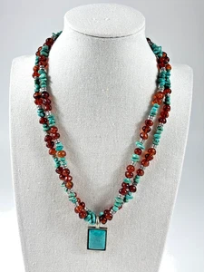 Turquoise Sm. Stones Necklace, Double Strand w. Faux Amber Beads, 18" w. Pendant - Bild 1 von 4