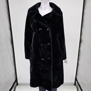 Vintage 1960s Black Faux Fur Double-Breasted Faceted Jewel Button Mod Coat (M/L) - Picture 1 of 13