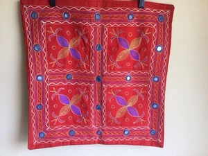Vintage India Folk Art Red Embroidered Square Decorative Throw Pillow Cover - Picture 1 of 9