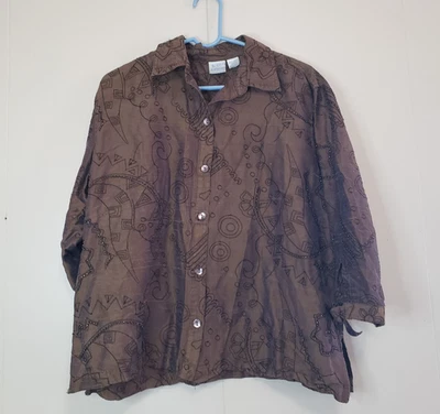 Vtg Bleu Bayou Women XL Blouse 100% Silk Brown Abstract Embroidered Beads Casual - Image 1 of 4