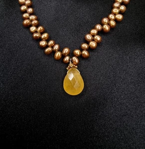 14K Solid Gold Clasp Brown Freshwater Pearl Necklace With Yellow Tourmaline Pend - Picture 1 of 7