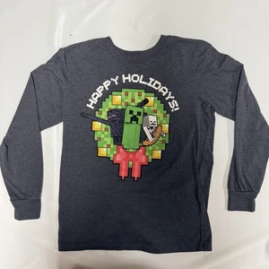Minecraft Youth Boys Long Sleeve Happy Holidays Shirt Gray Size Youth Large L - Picture 1 of 4