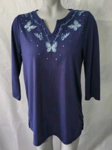 Karen Brooks Navy Blue V Neck Butterfly Embroidered Neck Blouse Top Size M NWT - Picture 1 of 6