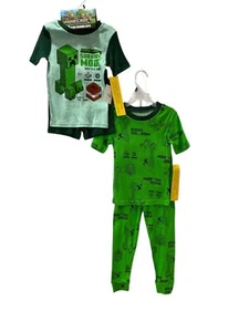 Minecraft Pajamas 4 Pc Set Boys 6 Short Sleeve Long Pants And Shorts Green - Picture 1 of 17