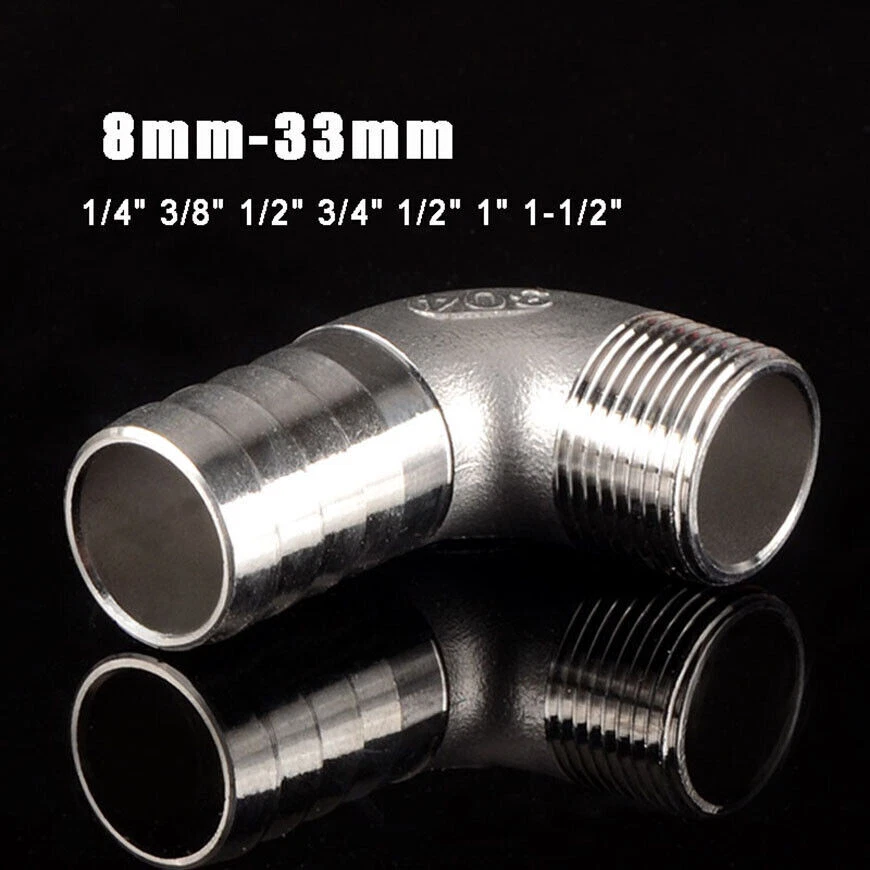 Stainless BSP 1/4" to 1" Male Elbow x Barbed Hose Tail Pipe Fittings Air Water - Image 1 of 4