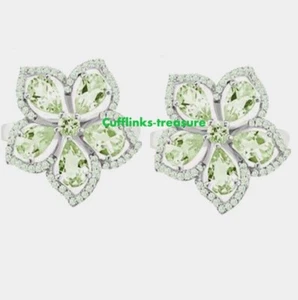 Natural Peridot & CZ Gemstones with 925 Sterling Silver Cufflinks for Men's #233 - Picture 1 of 3