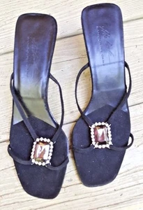 SEXY SANDALE MIT PFENNIGABSATZ 7 M STRASS SCHWARZ WILDLEDER OFFEN SLIPPER DESIGNER THE LOOK - Bild 1 von 11