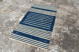 Antique Carpet Dhurries Dhurrie Indian Long Blue And White Stripe Dhurrie Old"20 - Picture 1 of 13