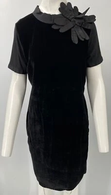 LANVIN черный бархат спереди футболка платье шелк цветок аппликация лента отделки размер M - Изображение 1 из 4