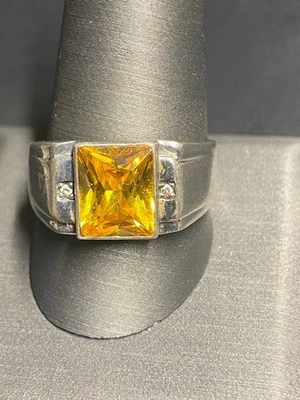 ANILLO UNISEX PLATA DE LEY 925 DIAMANTES NATURALES Y GEMA AMARILLA TALLA 11 Foto 1 de 4