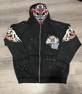 Y2K Skull Face Mask Sweatshirt Hoodie Size L Black Full Zip Rhinestone - Picture 1 of 6