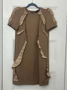 LANVIN Neutral Tan Pencil Mini Shift Dress w/ Ruffle & Raw Edges Size 34 / 2 - Picture 1 of 5