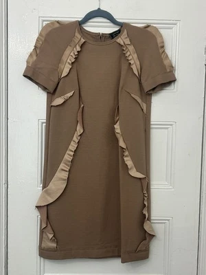 LANVIN Neutral Tan Pencil Mini Shift Dress w/ Ruffle & Raw Edges Size 34 / 2 - Image 1 of 4