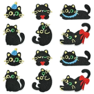 12x Cat Shape Computerized Embroidery Cloth Iron On Sew On Patches Black Costume - Picture 1 of 8