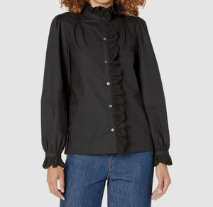 Camicetta donna Joie nera manica lunga cotone con dettagli volant taglia S $198 - Foto 1 di 3