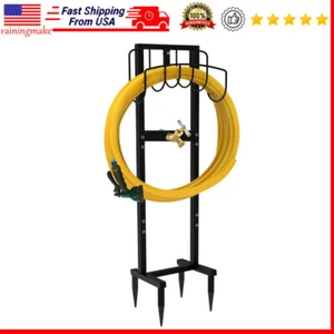 Garden Hose Holder Freestanding W/ Brass Faucet & 4 Spike Heavy Duty Metal Reel - Picture 1 of 7