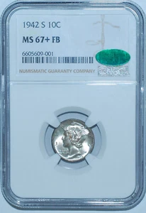 1942 S NGC MS67+FB CAC Full Bands Mercury Dime - Picture 1 of 2