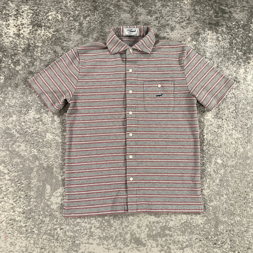Винтажная мужская рубашка с крокодилом средний размер M серая красная в полоску вязаная 80-е 90-е Япония - Изображение 1 из 4