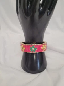 Pink and Gold Tone Flower Bangle Bracelet - Picture 1 of 7