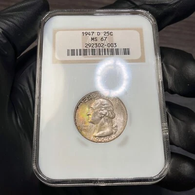 MS67 1947-D 25C Washington Silver Quarter, NGC- Old Fatty Holder, Rainbow Toned - Image 1 of 4