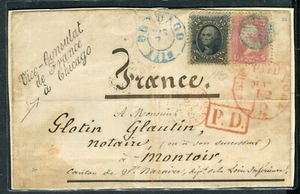 USA Frontespizio di lettera Cons Chicago to France Scott 69+65 cancel Blue +Paid - Foto 1 di 1