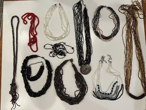 LOT 10 SEED GLASS BEADS WOVEN LARIAT NECKLACES TASSELS PEARL VINTAGE EUC - Picture 1 of 7