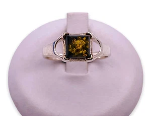 Green Baltic Amber Square Modernist 925 Sterling Silver Ring Size 6.75 -5880 - Picture 1 of 7