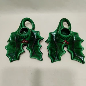 Vintage Ceramic Christmas Candle Holder Set Holly Leaves Green Mid Century  - Picture 1 of 9