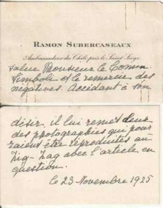 Ramon Subercaseaux handsignierte Visitenkarte 1925 chilenischer Politiker Maler D.37 - Bild 1 von 1