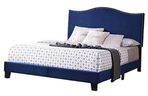 KB Designs - Modern Velvet Nailhead Full Size Upholstered Panel Bed, Blue - Picture 1 of 8