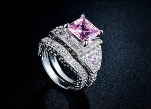 CZ set ring Cubic Zirconia White Pink Engagement Promise Wedding Ring 7 8 9 - Picture 1 of 17