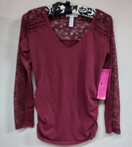 New Ambiance Maternity Top Small V-Neck Ruched Maroon Lace-Detail Long Sleeve - Picture 1 of 9