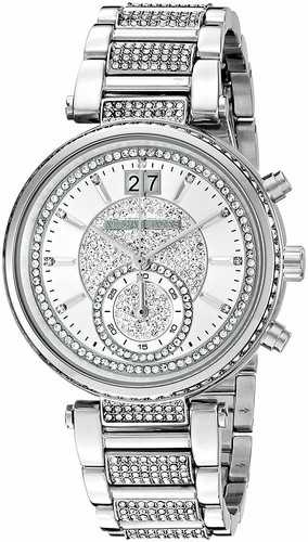 NUOVO OROLOGIO DA POLSO MICHAEL KORS SAWYER TONO ARGENTO COPERTO GLITZ PAVIMENTAZIONE MK6281