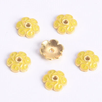 100pcs 8mm Enameled Flower Shape Golden Color Metal Bead Caps Loose Spacer Beads - Image 1 of 3