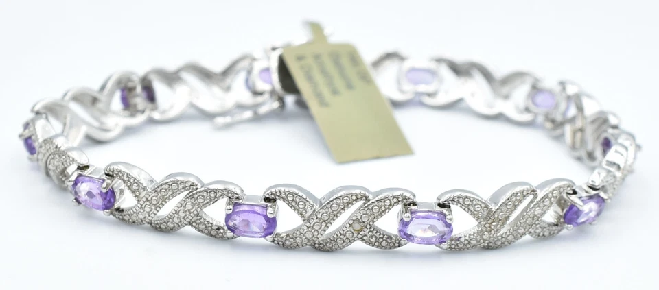 PULSERA DE AMATISTA Y DIAMANTES GENUINA DE 6,20 quilates chapada en oro blanco de 14k - nueva con etiquetas Foto 1 de 3