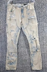 Smoke Rise Slim Fit Cargo Jeans Men Light Washed Distressed Tie Dye Moto Street - Picture 1 of 15