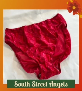 VINTAGE OLGA 20010 RED SEMI SHEER FLORAL EMBROIDERED SHIMMERY PANTIES XL - Picture 1 of 13