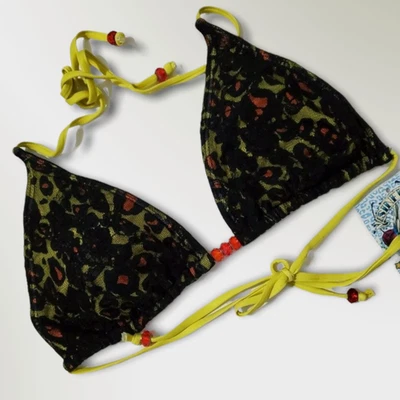 Sinful by Affliction 双面字符串比基尼上衣中号黑色和黄色泳装 — 第 1/4 张图片