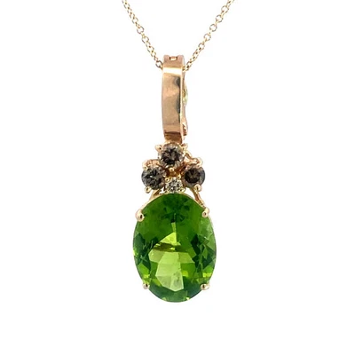 Diamond Peridot Gold Necklace 14k Yellow Oval w/Chain - Image 1 of 4