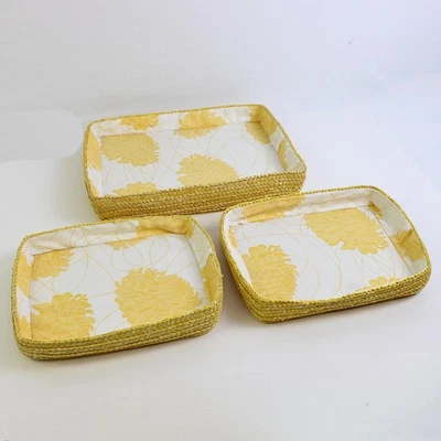 Lot of 3 Wicker Rattan Bread Baskets with Patterned Fabric Lining  - Image 1 of 4