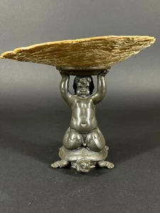 Antique Continental Tazza - Spelter Sea Turtle & Mermaid-Putto holding Shell - Picture 1 of 11